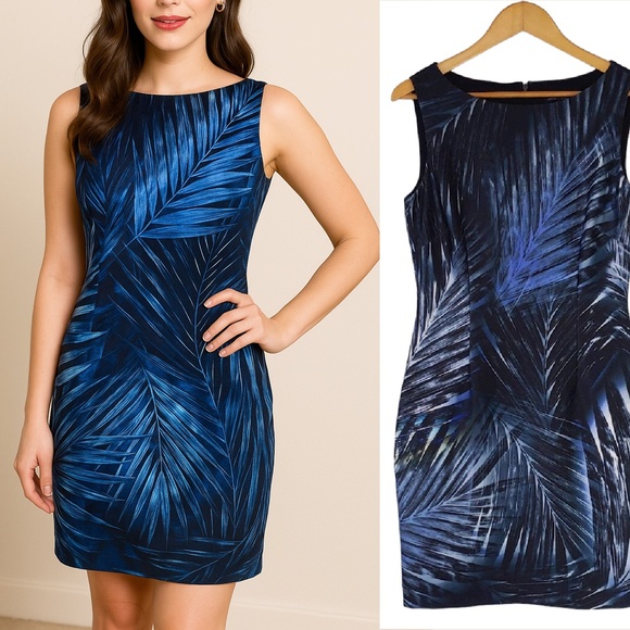 Tahari Blue and Black Sleeveless Form Fitting Leaf Print Dress - Picture 1 of 10